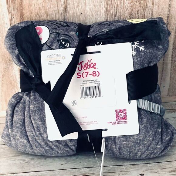 NWT Justice 3 Pcs Grey S(7-8) Long Sleeve Top, Jogger & Eyemask, Pajama Set - Picture 7 of 12